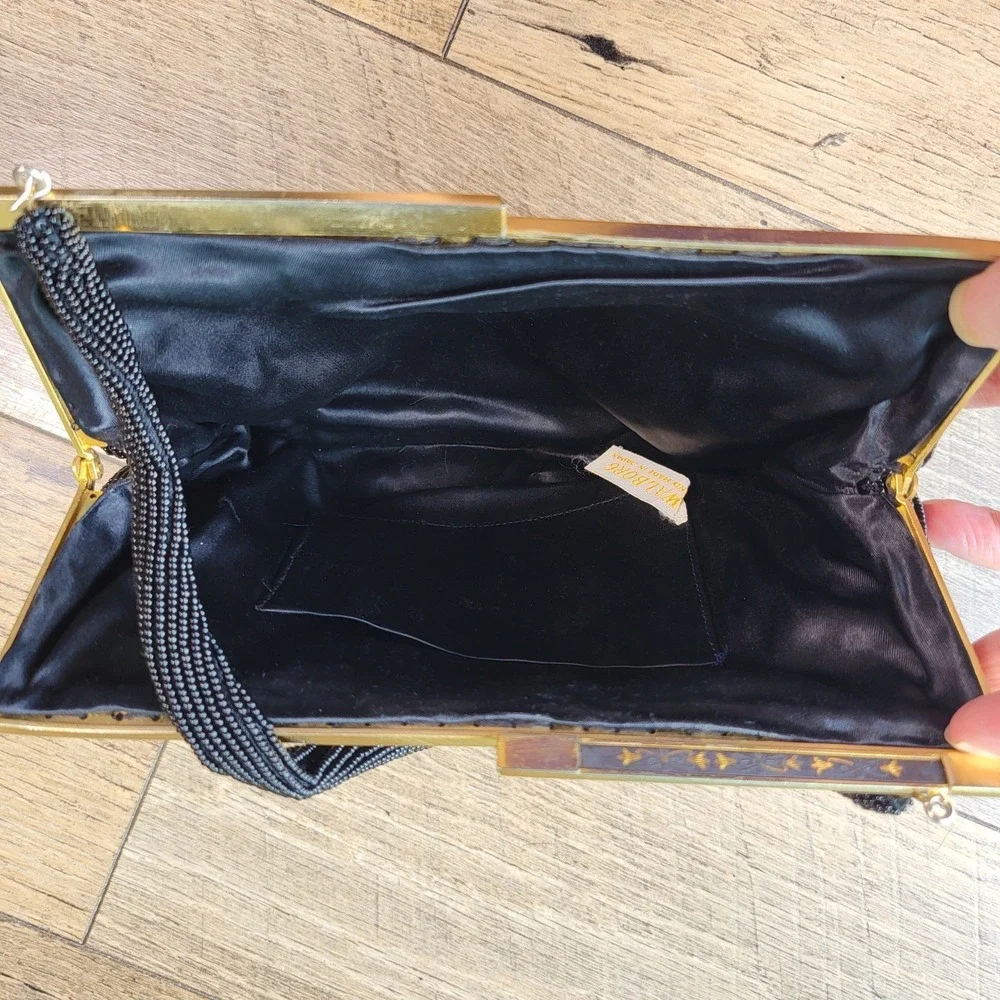Walborg Vintage Black Bead Evening Bag Hand Made in Japan Gold Tone Frame Purse